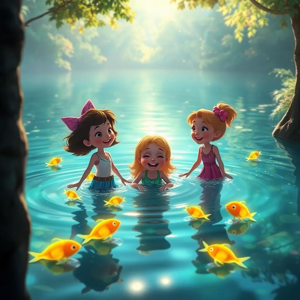 Mimi and her friends at Crystal Lake, with magical fish glowing in the clear water, splashing and laughing together, sunlight reflecting off the lake, enchanting atmosphere, vibrant colors