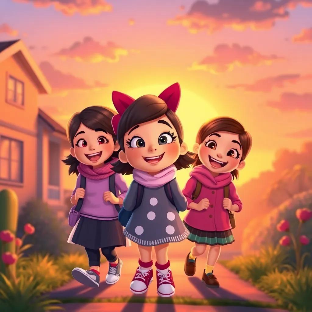 Mimi with her friends, returning home with the sunset in the background, cozy scene, warm light illuminating their happy smiles, friendship theme, colorful and inviting