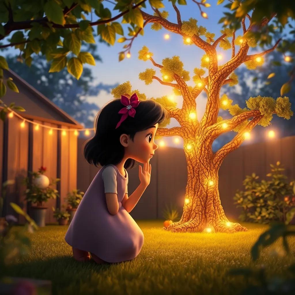 Mimi whispering to the magical tree in her backyard, tree glowing warmly, evening ambiance, leaves rustling gently, peaceful atmosphere, heartwarming and magical setting