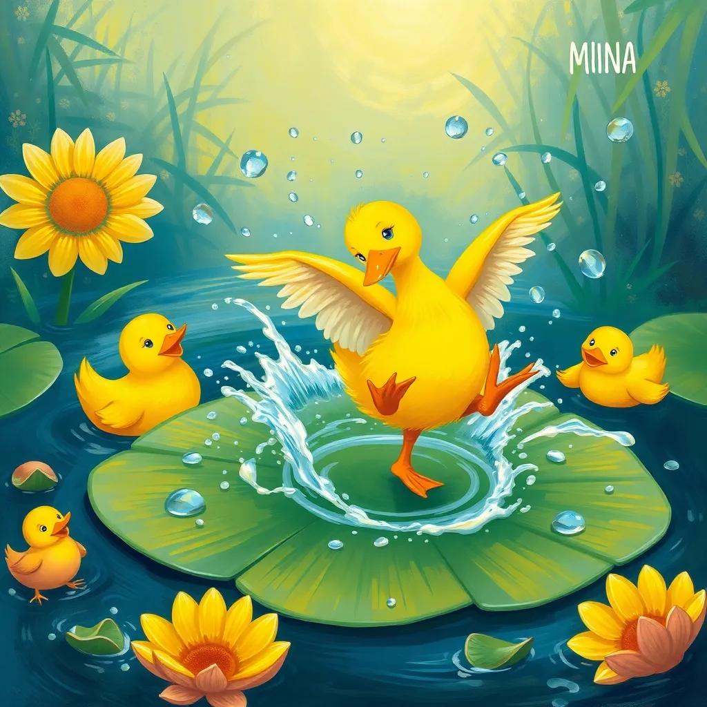 Mina, a bright yellow duck, gracefully dancing on a large lily pad, with a big splash around her, water droplets flying, her friends laughing and surrounding her in a playful scene, colorful, joyful, imaginative illustration, high quality