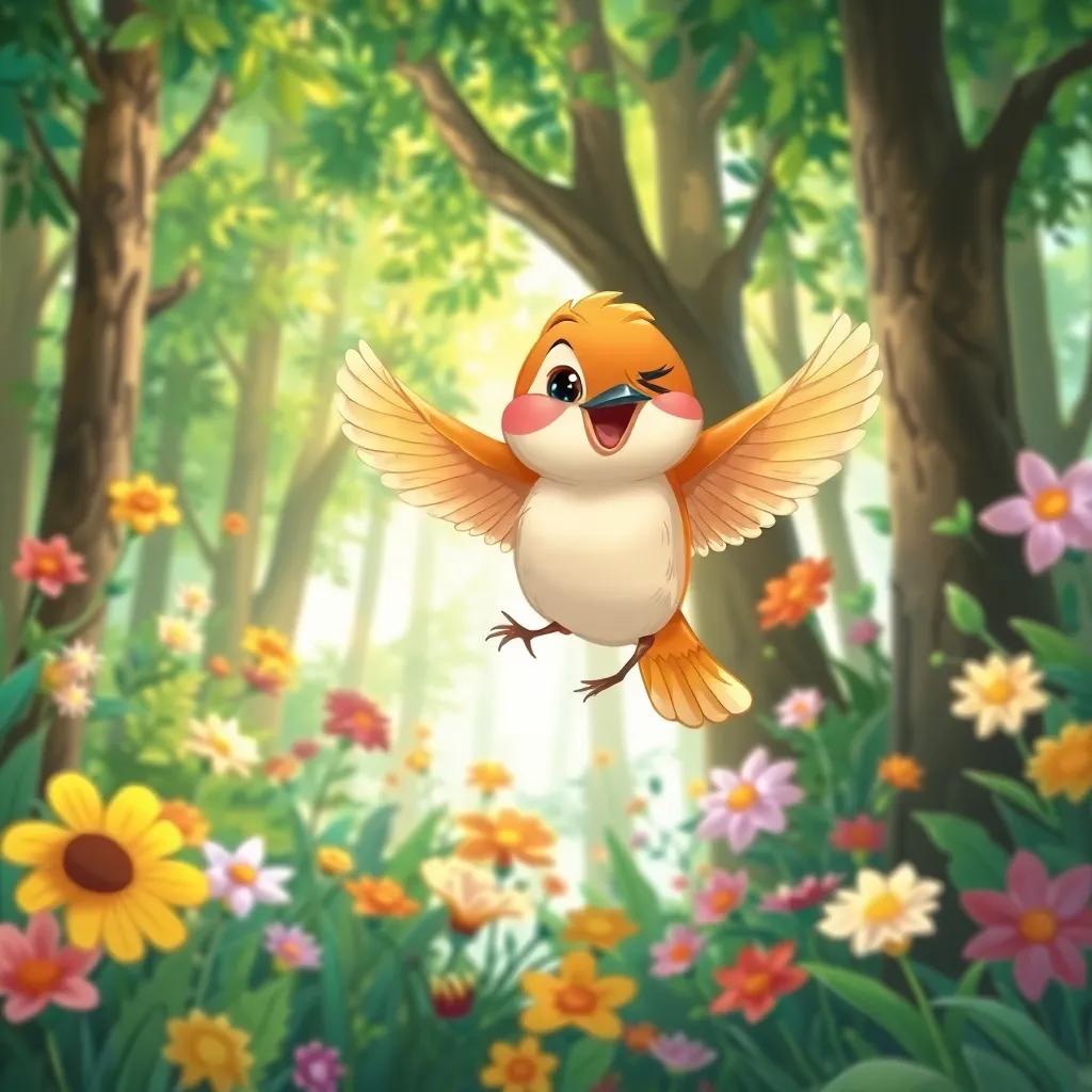 A small bird, Minik Serçe, with bright feathers, flying joyfully in a vibrant green forest, surrounded by colorful flowers and tall trees, digital art, bright colors, cheerful atmosphere, high quality