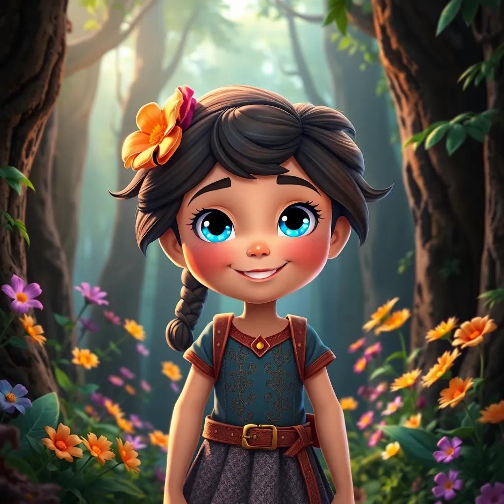 A brave girl named Mira, with bright eyes and a cheerful smile, standing at the entrance of a thick forest, colorful flowers around her, digital art, vibrant colors, enchanting atmosphere, high quality