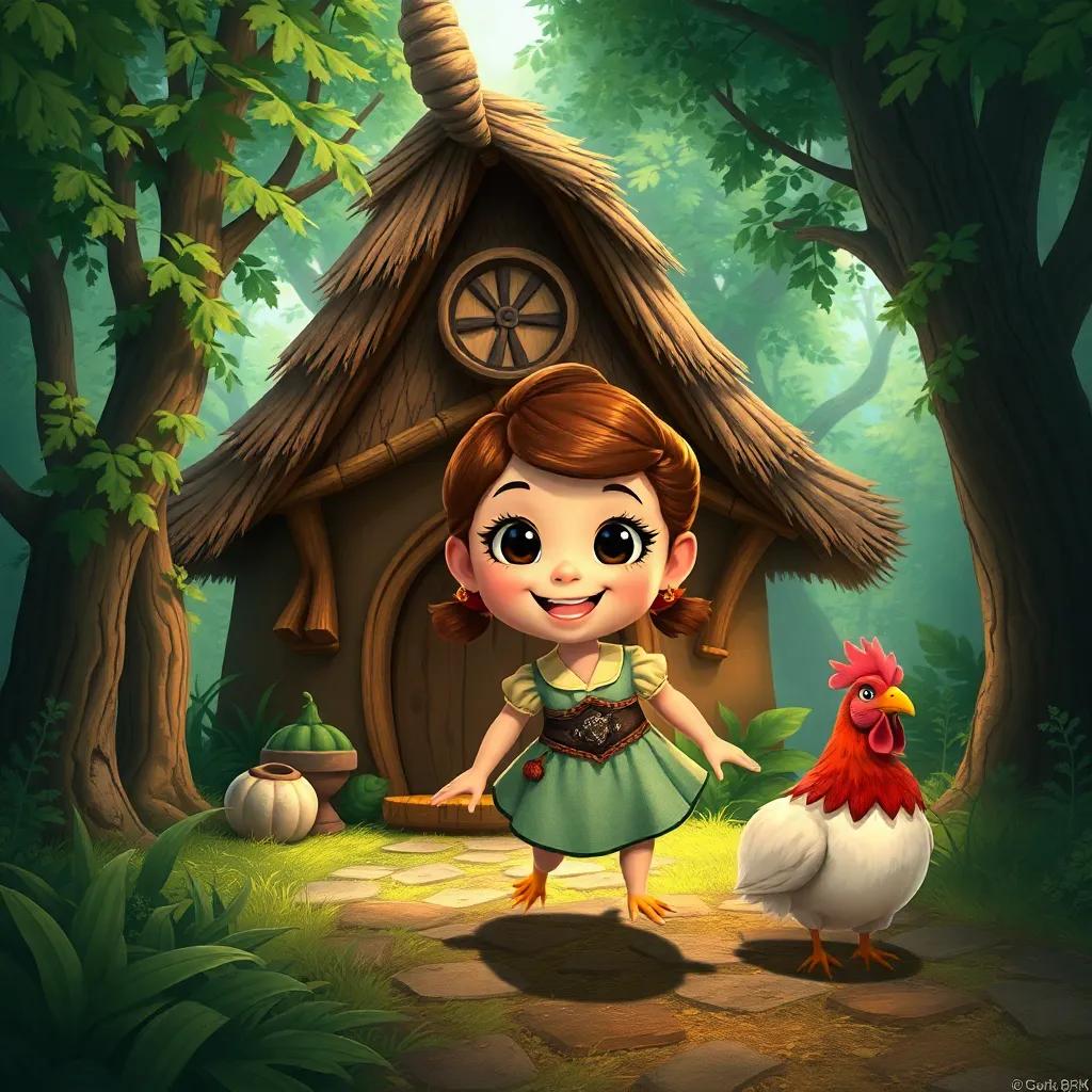 Mira, a young girl with bright eyes and a cheerful smile, arriving at Baba Yaga's hut on chicken legs, surrounded by a lush green forest, detailed illustration, whimsical and magical vibe, high quality