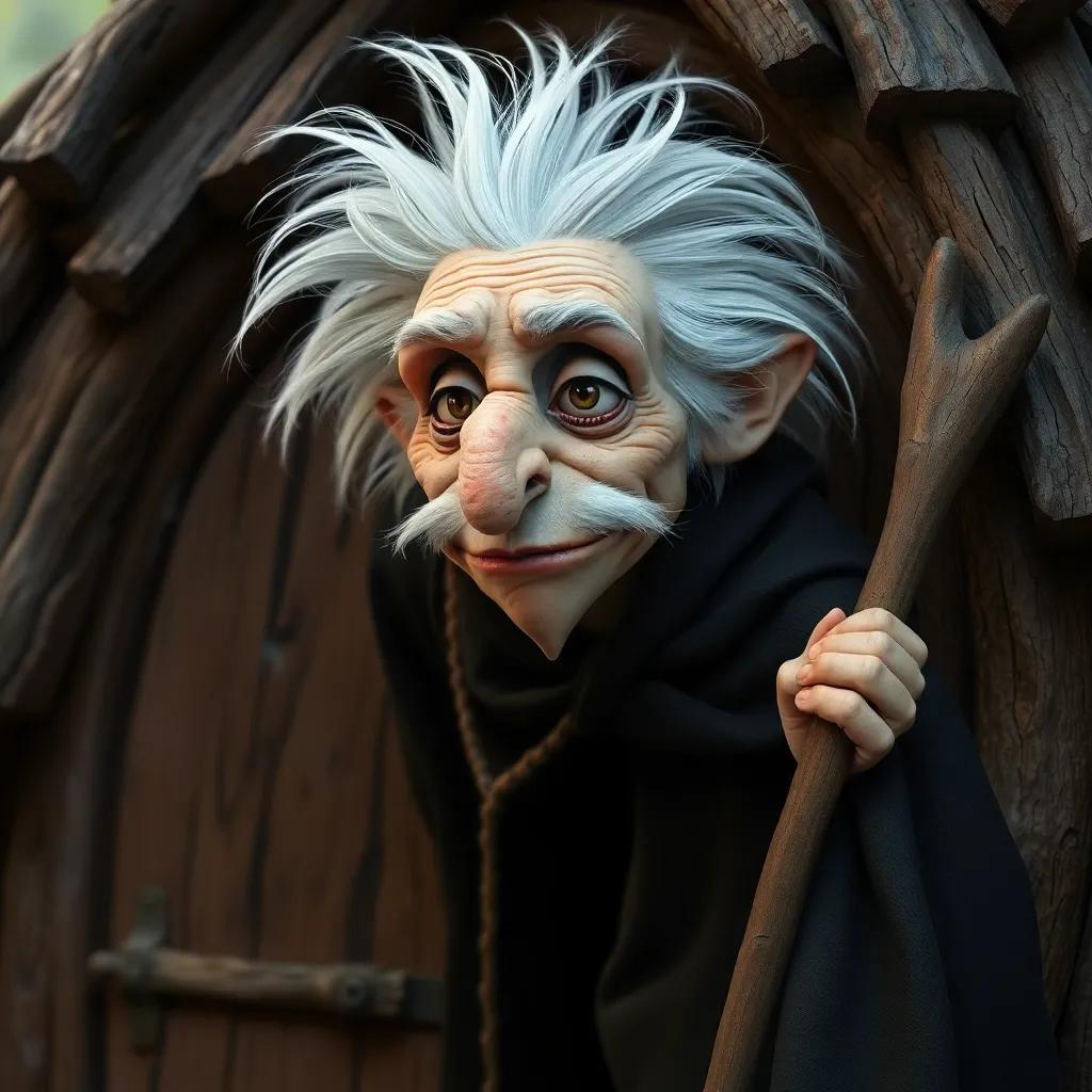 Baba Yaga, an old witch with wild white hair, wearing a crooked nose and dark cloak, leaning out of her dancing hut, her sharp eyes sparkling with mischief, digital art, mysterious, inviting atmosphere, high quality