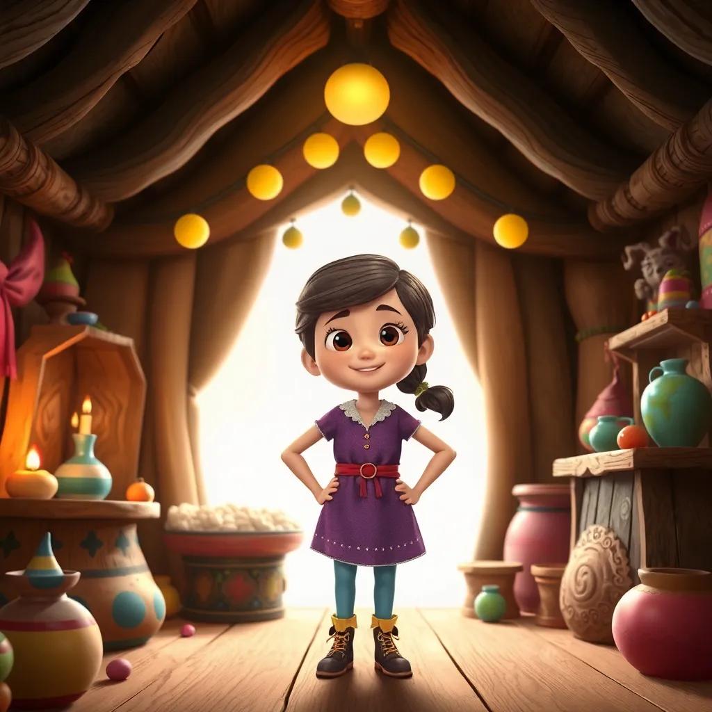 Mira, a brave girl, confidently standing up to Baba Yaga, facing her riddles with an eager expression, within the cozy interior of the hut, colorful objects around, friendly atmosphere, digital art, cheerful, high quality