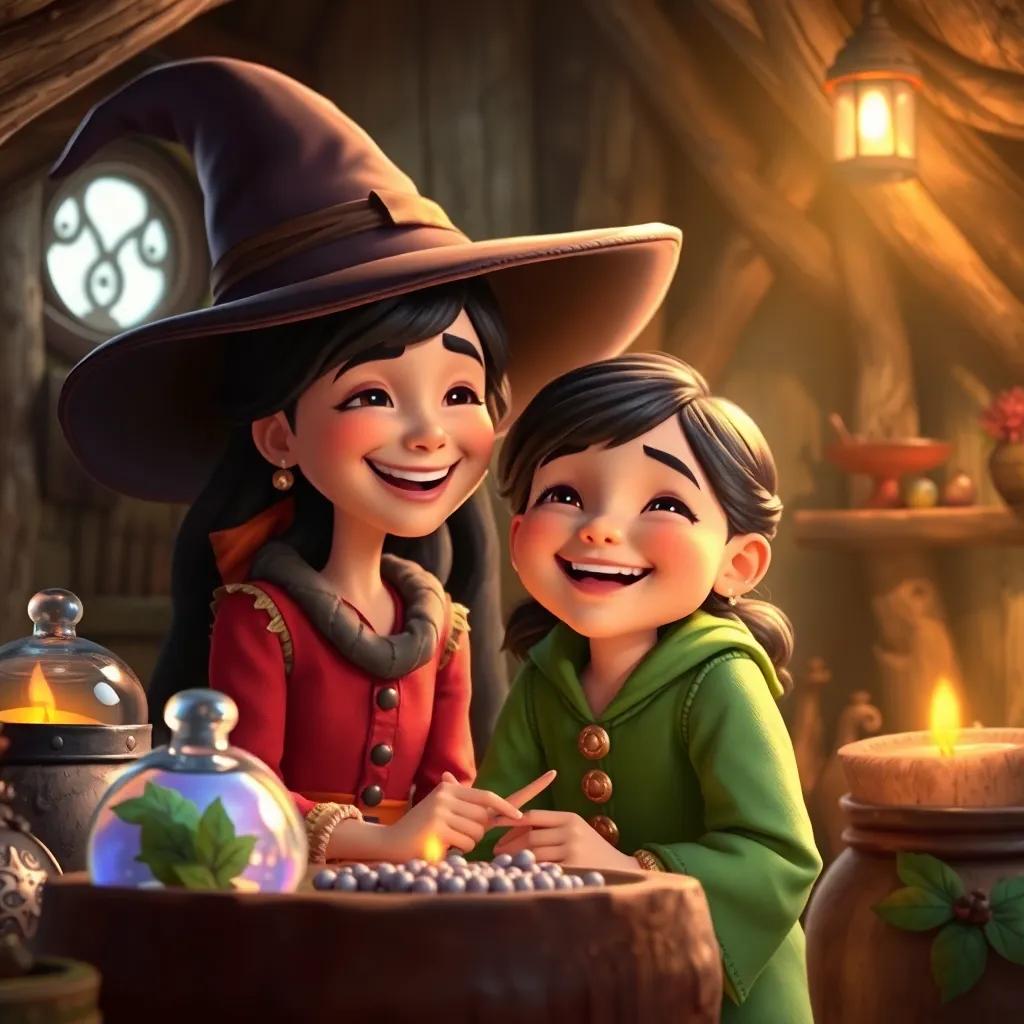 Mira, with joy on her face, solving a riddle, surrounded by magical items in Baba Yaga's hut, with the witch smiling, warm light, lively colors, inviting space, digital painting, high quality