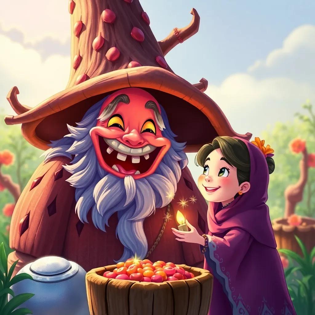 Baba Yaga laughing joyfully with sparkling eyes, as Mira solves her riddles, colorful and whimsical scene, cheerful atmosphere, fantasy illustration, high quality