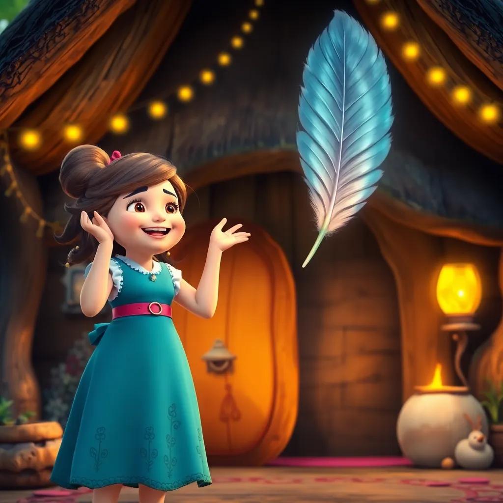 Mira, bursting with pride, standing in front of Baba Yaga, receiving a beautiful magical feather, set in the witch's charming hut, bright colors, uplifting mood, digital art, high quality
