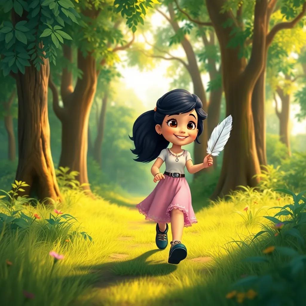 Mira, happily walking home through the vibrant forest with the feather, feeling strong and proud, sunlight filtering through the trees, cheerful tones, animated style, high quality