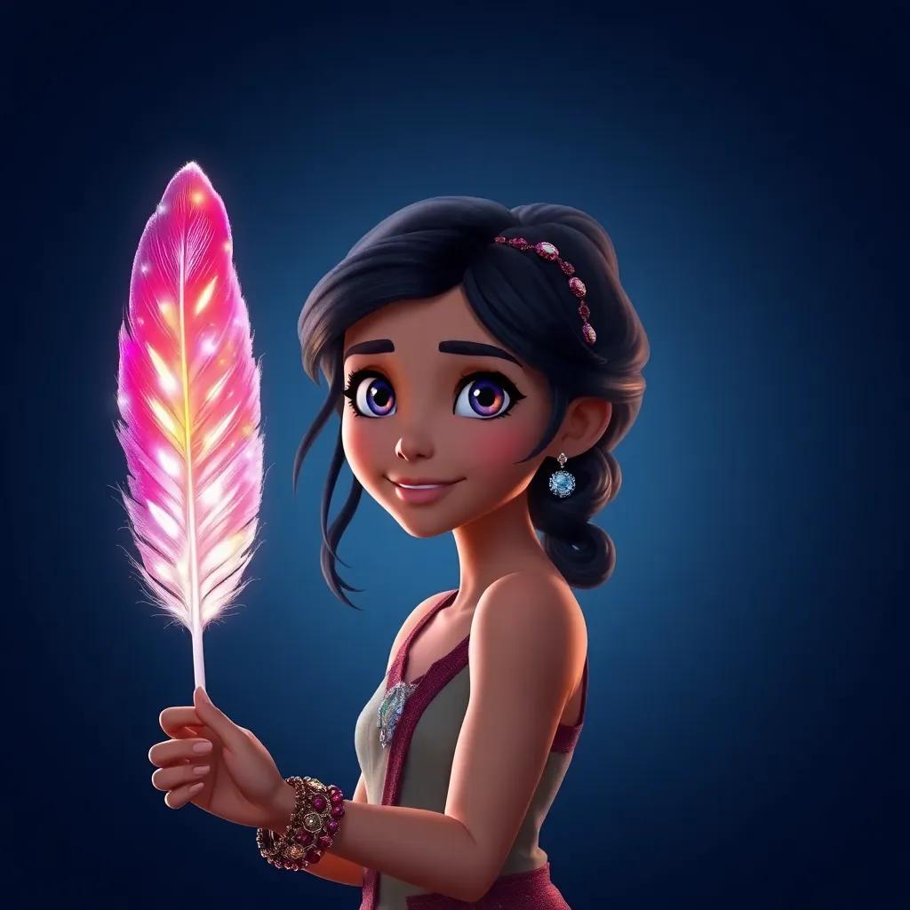 A beautiful feather, shimmering with colors, held in Mira's hand, symbolizing her adventure and bravery, simple but captivating background, elegant style, high quality