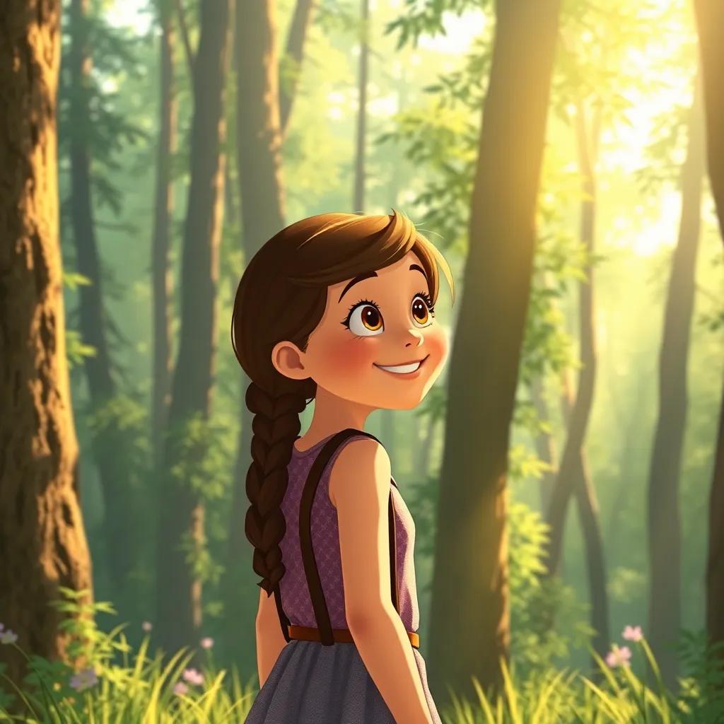 Mira, a brave girl, looking back at the forest with a smile, realizing she has discovered her courage, bright sunlight, warmth and positivity, light illustration, high quality