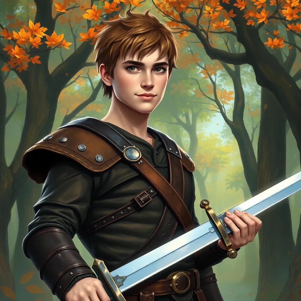 A brave warrior, Kael, with short tousled hair and a playful smirk, wearing leather armor and holding a sword, standing in an enchanted forest, surrounded by softly humming trees, digital art, warm and inviting colors, adventure-themed, dynamic angle, high quality
