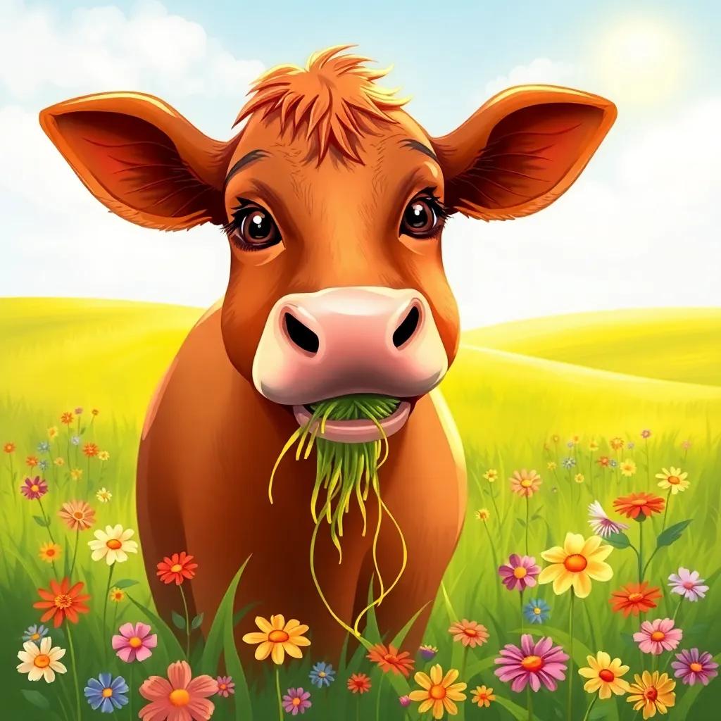 A big brown cow happily chewing hay, looking friendly, in a green field, surrounded by colorful wildflowers, sun shining bright, digital art, warm tones, pastoral scene