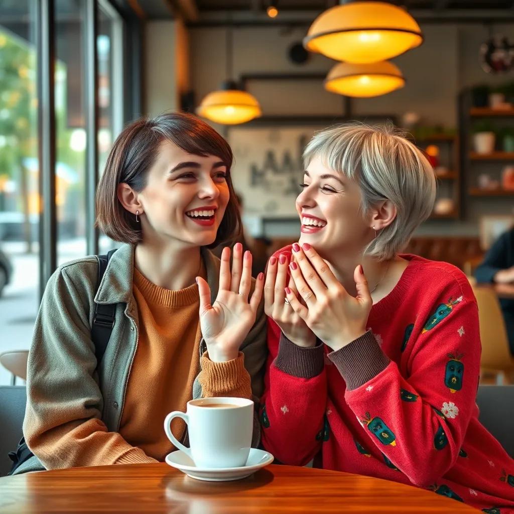 Míša and Lucka, two college girls with short hair and colorful clothes, sitting together in a cozy coffee shop, laughing and showing their short nails, warm light, playful atmosphere, cheerful