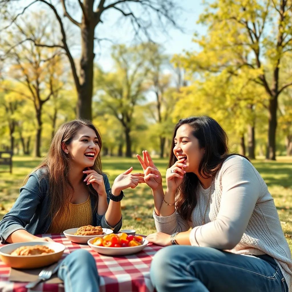 Míša and Lucka teaching their boyfriends to bite their nails at a picnic, with a sunny park background filled with trees and laughter, lighthearted, engaging
