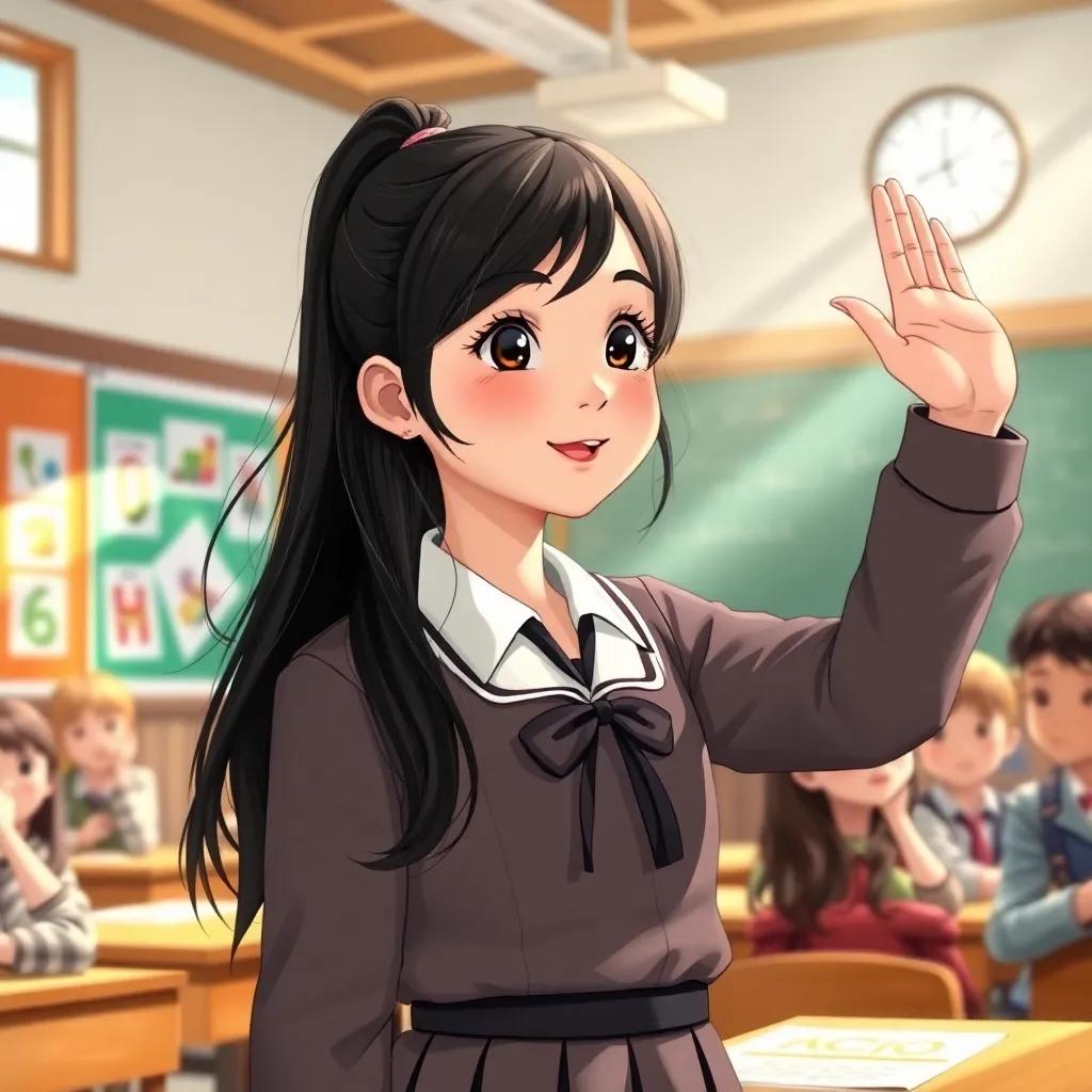 A young girl, Eva, with long dark hair, in a stylish school uniform, standing in front of a classroom with raised hand, sharing knowledge with classmates, bright classroom setting, cheerful ambiance, colorful illustrations, light streaming in, high quality