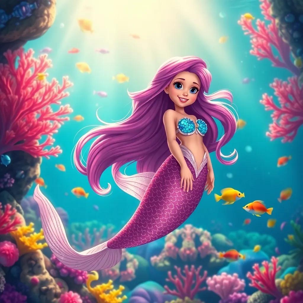 A magical mermaid, Misty, with long, flowing hair and shimmering tail, swimming in a colorful coral reef filled with vibrant fish and soft light, digital art, bright and cheerful, inviting atmosphere, high quality
