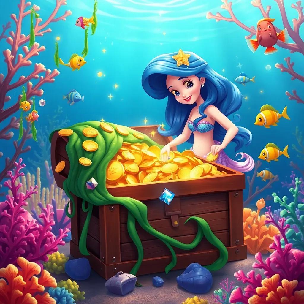 Misty the mermaid opening a treasure chest covered in seaweed, revealing glittering gold coins and sparkling jewels, surrounded by colorful coral and friendly fish, illustration, rich colors, enchanting scene, child-friendly