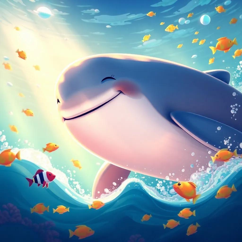 A giant friendly whale, smiling at Misty, with ocean waves and sunlight reflecting off its body, in a vibrant underwater setting filled with fish, illustration, detailed and lively, heartwarming scene
