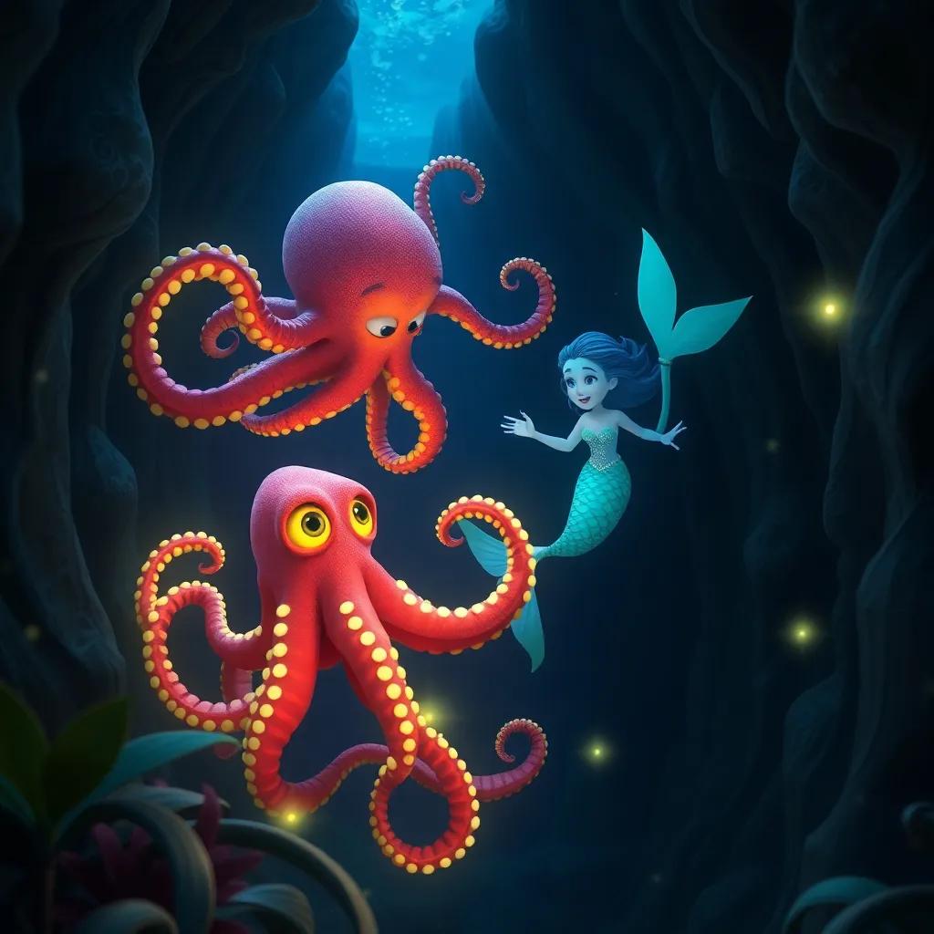 Misty the mermaid swimming through a dark trench, meeting a curious octopus with colorful arms swirling around, surrounded by glowing plants, digital art, magical and mysterious, engaging perspective