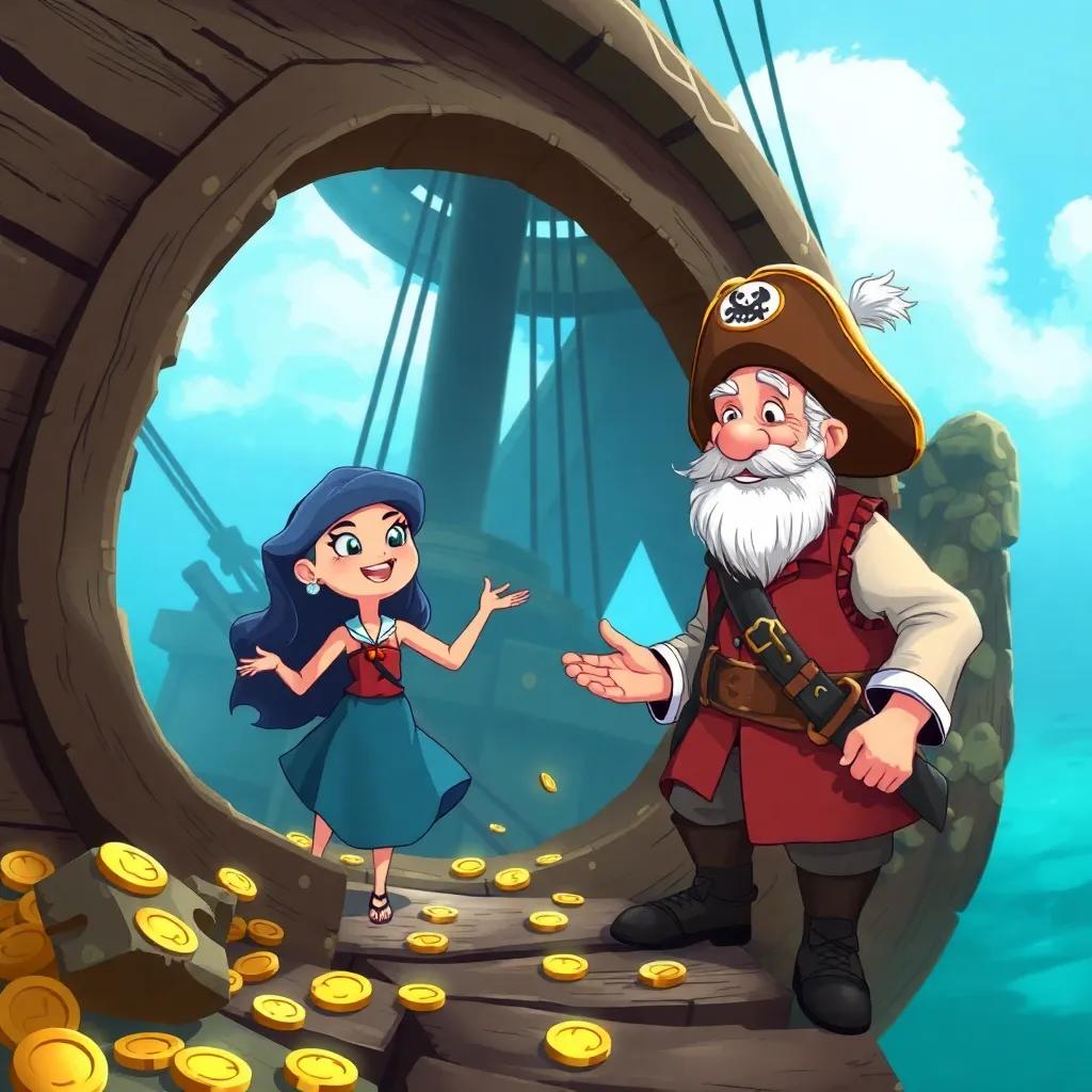 Misty arriving at a sunken ship, where Captain Barnacle, an old man with a white beard and pirate attire, greets her cheerfully, with treasure coins scattered around, illustration, adventurous and cheerful, high quality