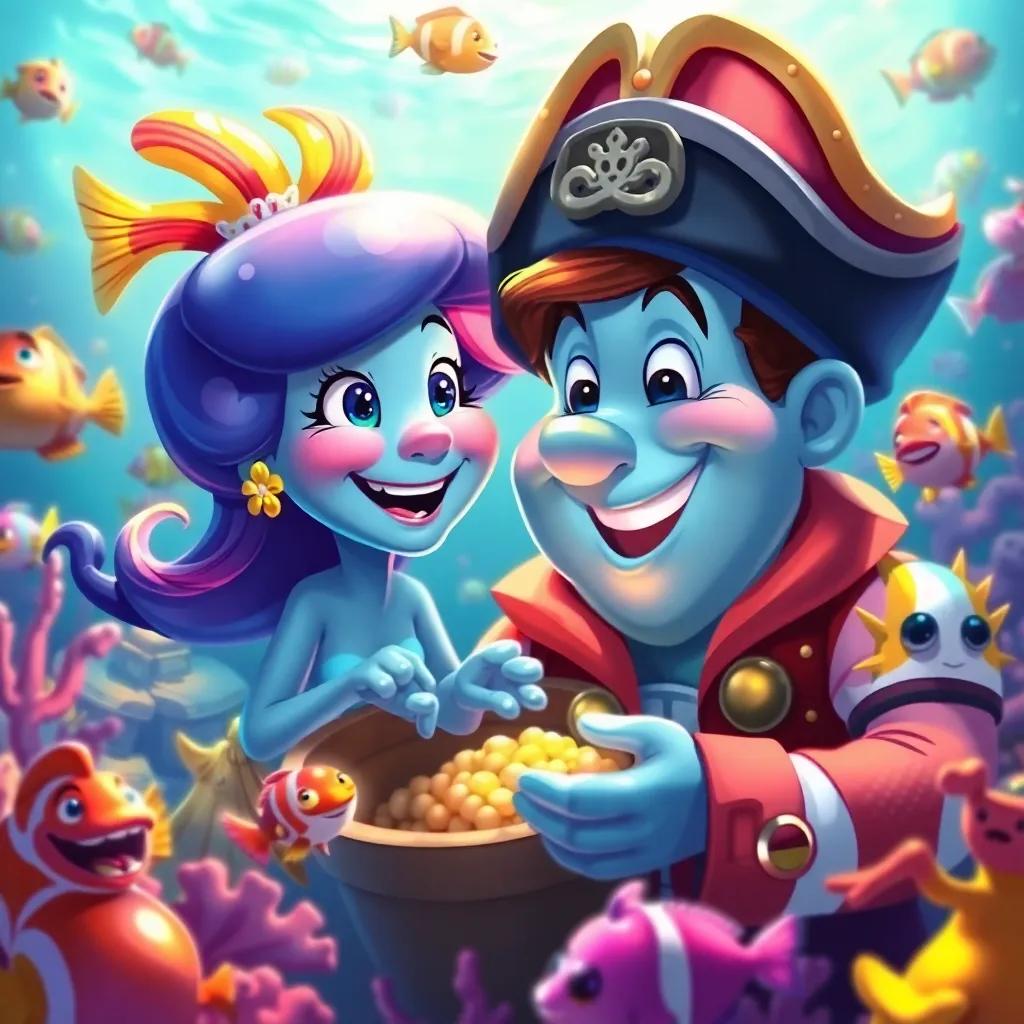 Misty and Captain Barnacle smiling together, surrounded by fish and treasure, as they decide to share the treasure with the sea creatures, vibrant underwater scene, digital painting, joyful and uplifting, vivid colors