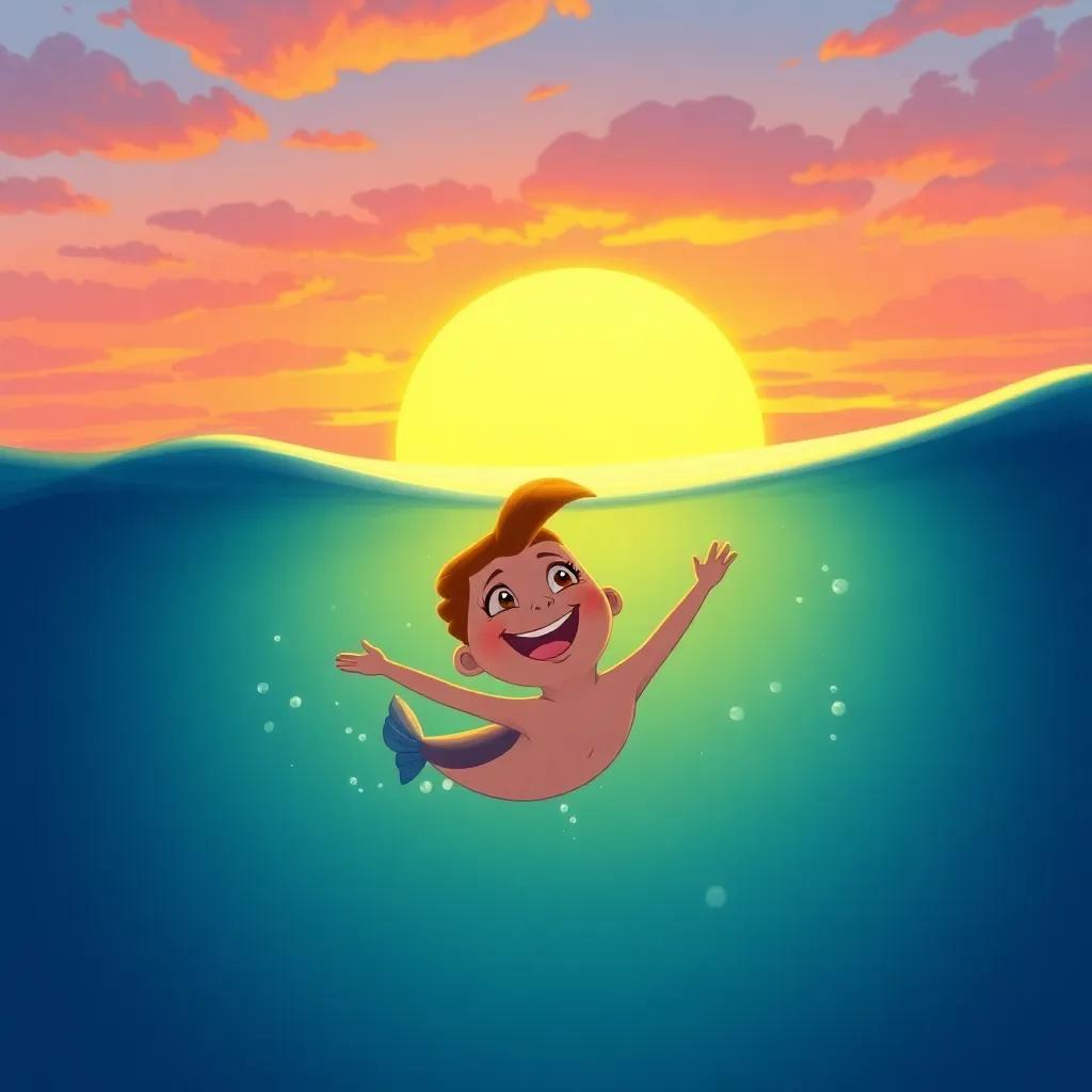 Misty swimming joyfully back home, with a colorful sunset behind her, her heart full of happiness after helping Captain Barnacle, illustration, heartwarming and serene, inviting atmosphere
