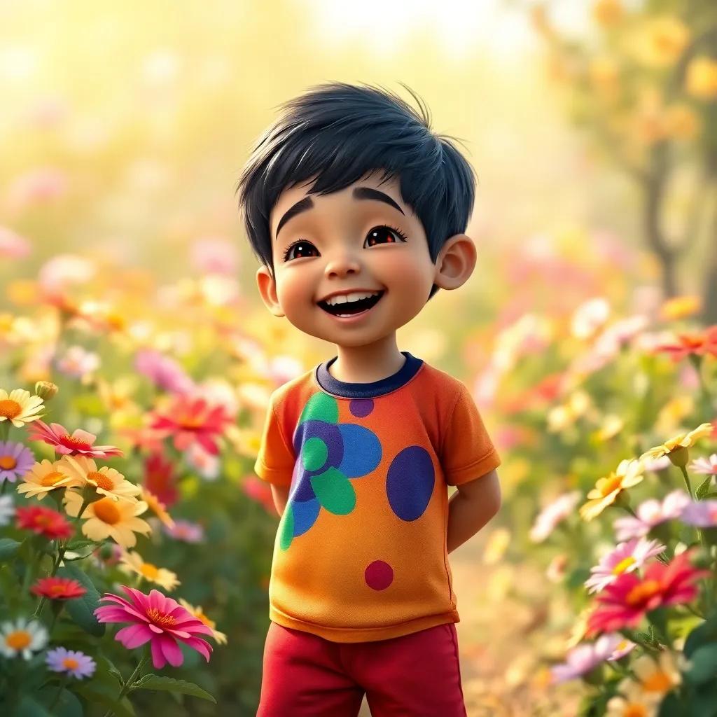 A small boy, Mohammed, a 2-year-old Arab boy with short black hair, wearing a colorful t-shirt and shorts, laughing in a sunny garden filled with blooming flowers, digital art, bright and cheerful atmosphere, soft light, vibrant colors, high quality