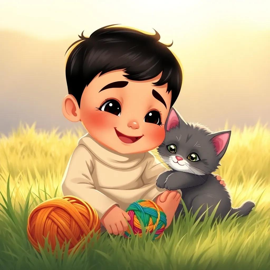 Mohammed, a 2-year-old Arab boy with short black hair, sitting on soft grass with a fluffy gray kitten nuzzling against him, colorful ball of yarn rolling nearby, warm sunlight shining down, joyful expressions, detailed illustration, child-friendly, high quality