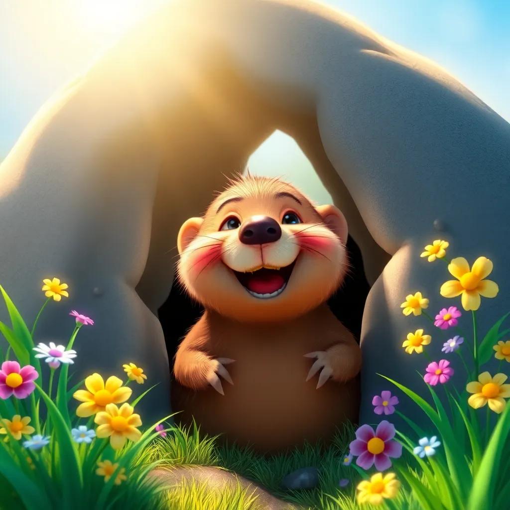 A cheerful mole peeking out of a cozy hole, bright sunlight shining down, soft green grass and colorful flowers around, digital art, vibrant colors, joyful atmosphere, high quality