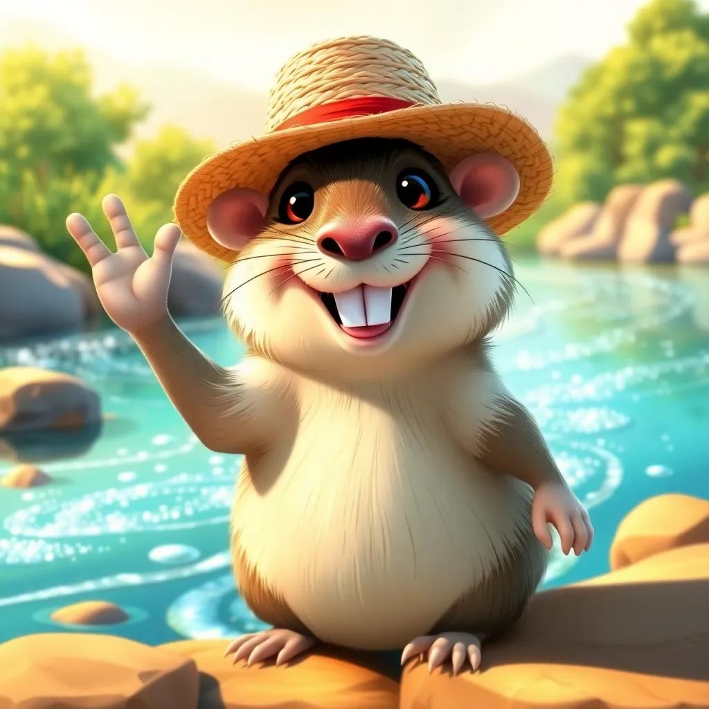 A water rat, Ratty, waving on a riverbank, wearing a straw hat and smiling, surrounded by a sunny landscape with a sparkling river, digital art, cheerful, bright colors, high quality
