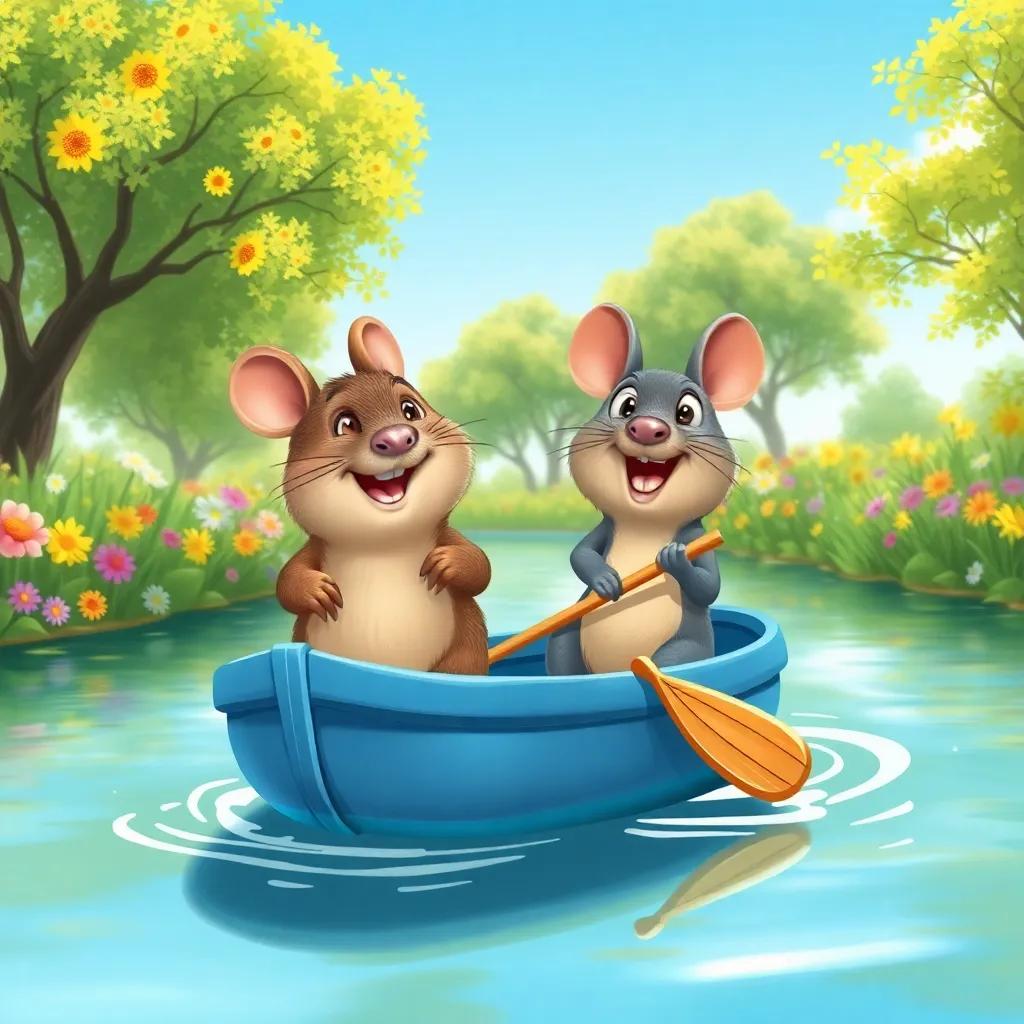 Mole and Ratty happily paddling in a little blue boat on the river, beautiful flowers and trees lining the shores, clear blue sky, digital illustration, whimsical, colorful, high quality