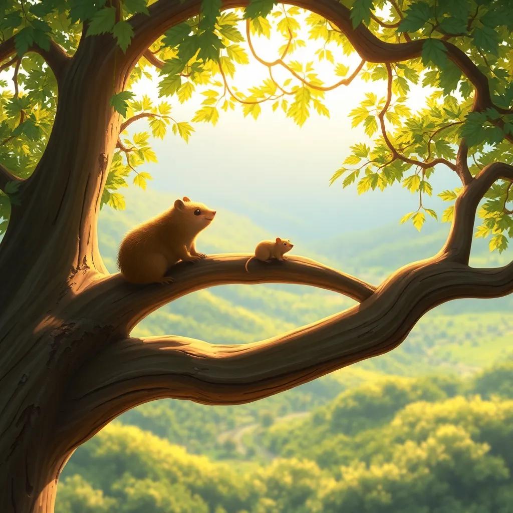 Mole and Ratty perched on a wide tree branch, looking out over a green valley, branches swaying gently, golden sunlight filtering through, digital painting, dreamy, vibrant colors, high quality