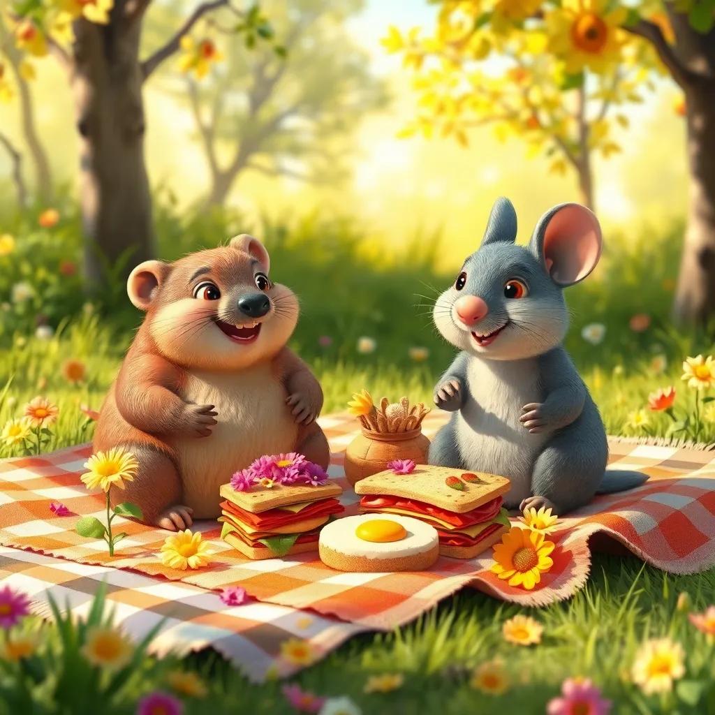 A colorful picnic scene, Mole and Ratty sitting on a blanket with sandwiches and flowers, surrounded by sunny nature, happy expressions, digital art, warm and inviting, high quality