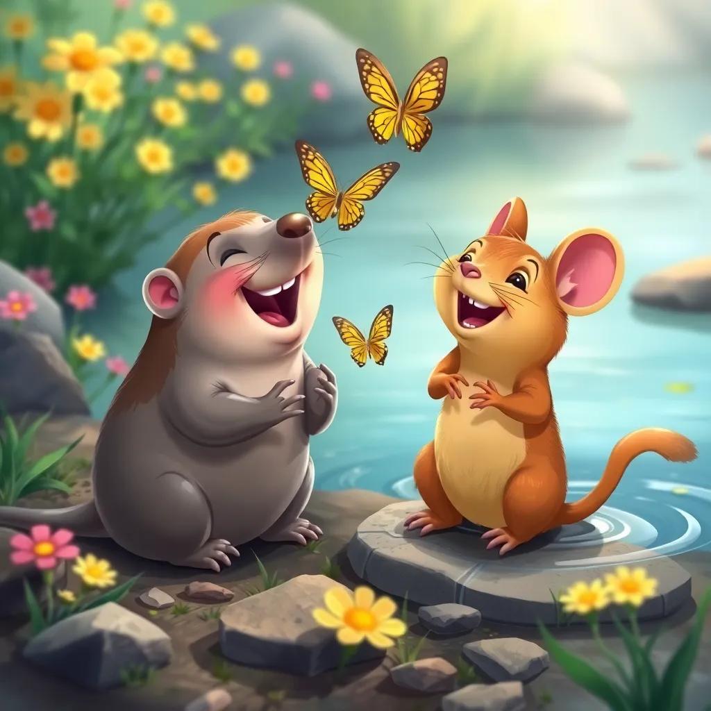 Mole and Ratty playing games by the river, laughing together while chasing butterflies, bright flowers in the background, playful mood, digital illustration, joyful, colorful, high quality