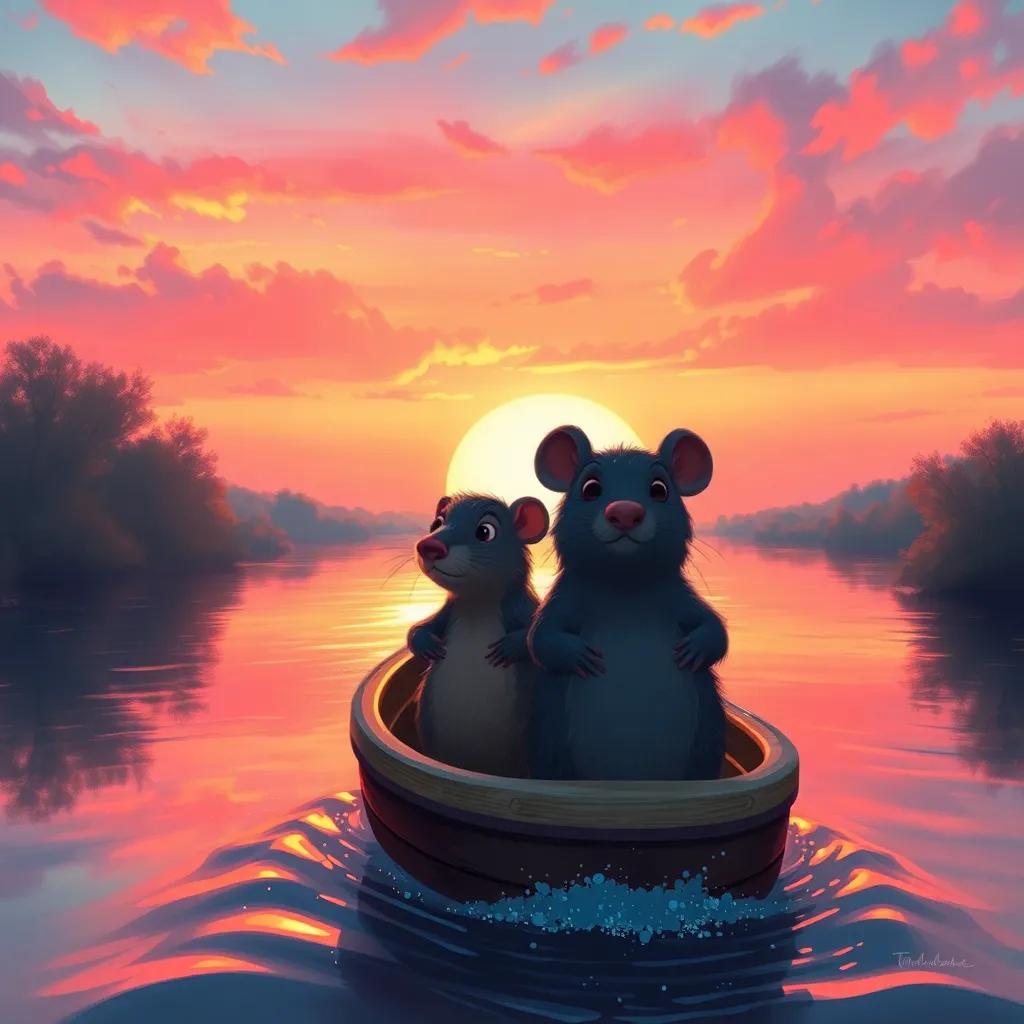 Mole and Ratty in the boat heading home at sunset, colorful sky with pink and orange hues, the river sparkling in the evening light, digital painting, serene, warm colors, high quality
