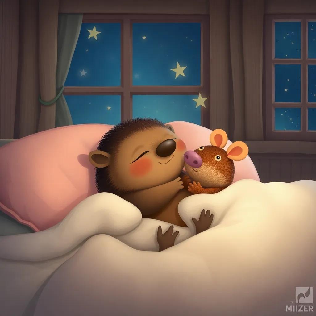 Mole snuggled in bed, dreaming of adventures with Ratty, cozy room with soft pillows and a window showing stars, digital illustration, calming, whimsical, high quality