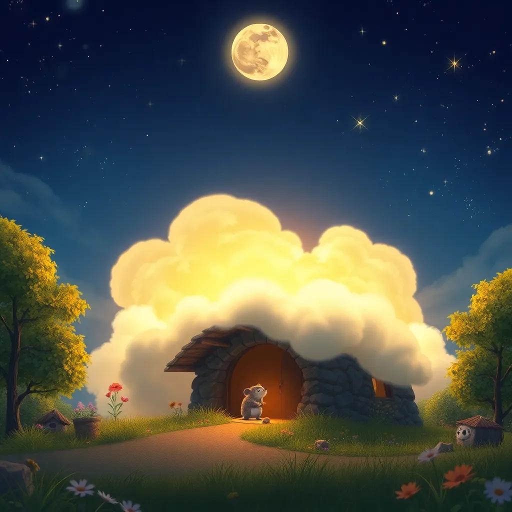 A peaceful scene of the bright moon and stars shining over Mole's home, with a dream cloud showing Mole and Ratty playing in nature, digital art, enchanting, warm colors, high quality