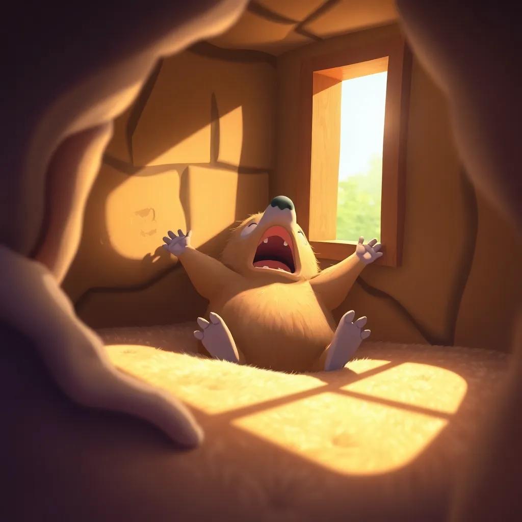A sunny day with Mole waking up in his cozy burrow, stretching and yawning, with sunlight shining through the window, digital art, bright and cheerful, warm colors, cozy atmosphere, high quality