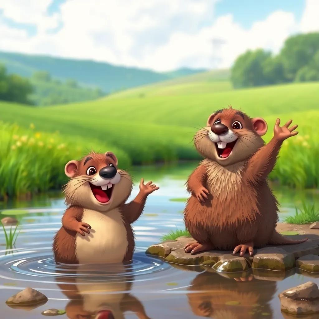 Mole and Ratty at the riverbank, Ratty a friendly water rat with fluffy brown fur, smiling and waving, Mole excitedly calling out, surrounded by beautiful green fields, illustration, colorful, engaging scene, high quality