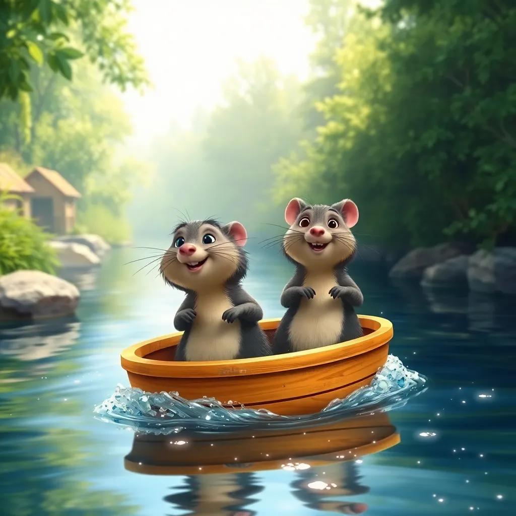 Mole and Ratty in a little boat on the sparkling river, enjoying the wind in their faces as they glide along, lush greenery on the riverbank, digital art, cheerful, adventure-themed, child-friendly