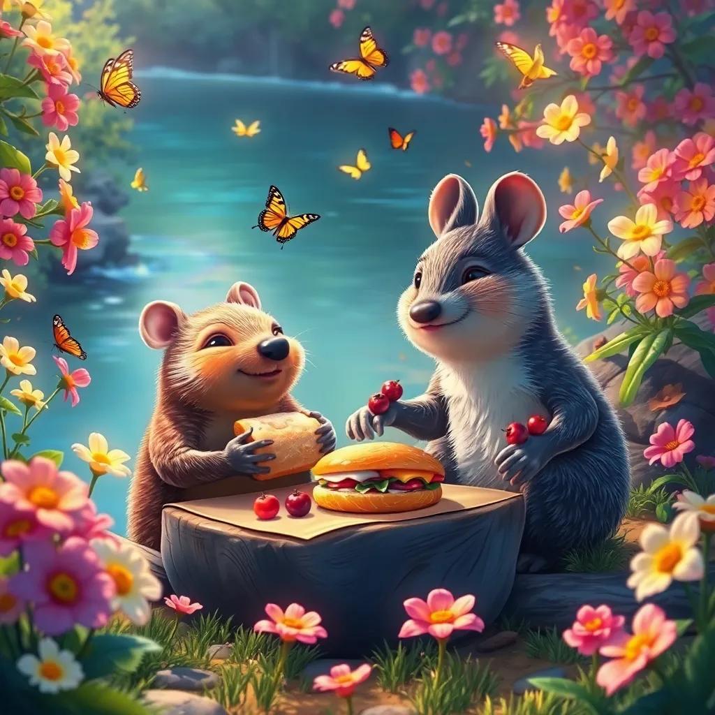 Bright flowers and butterflies around Mole and Ratty as they picnic by the riverbank, Mole holding a sandwich, Ratty with berries, joyful expressions, colorful, warm light, storytelling view, inviting