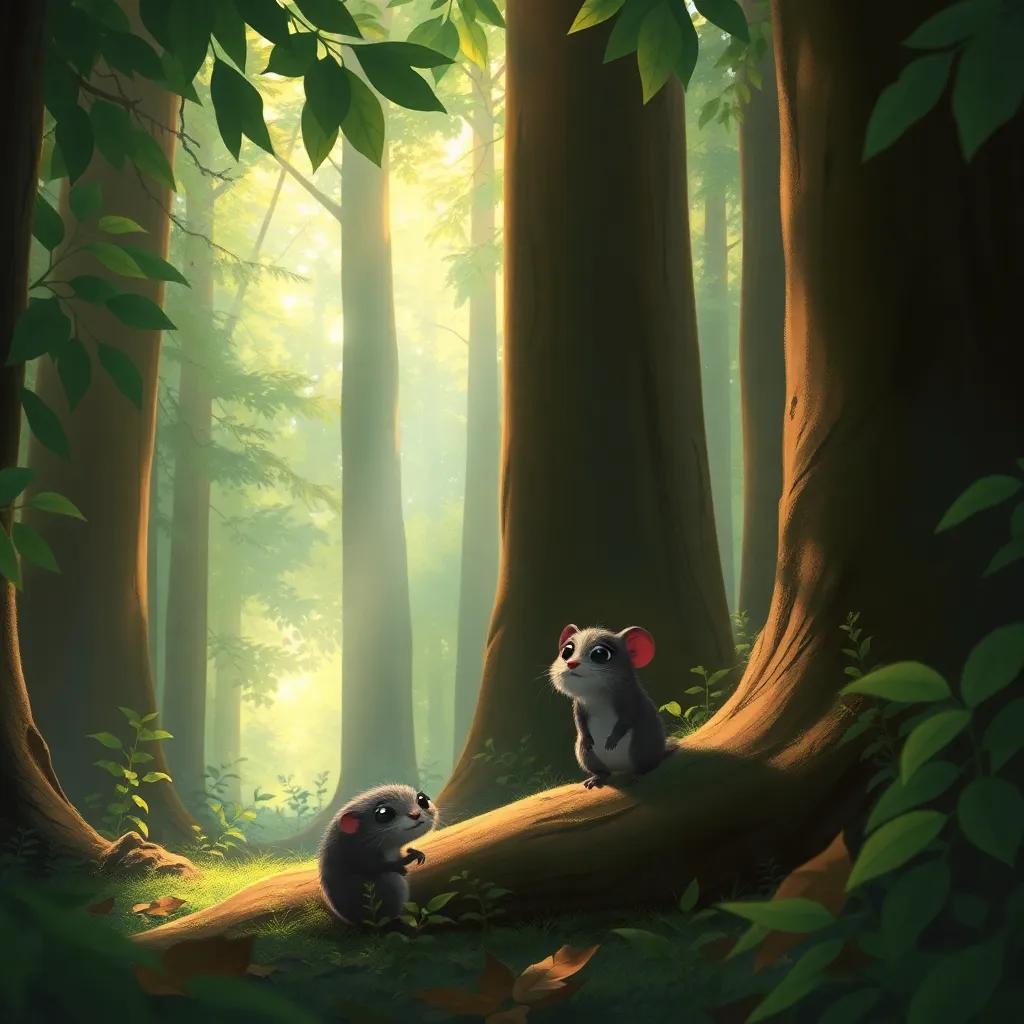Mole and Ratty exploring the tall trees of the forest, little bits of sunlight filtering through leaves, Mole looking a bit scared but Ratty reassuring, magical atmosphere, digital painting, exciting and vibrant