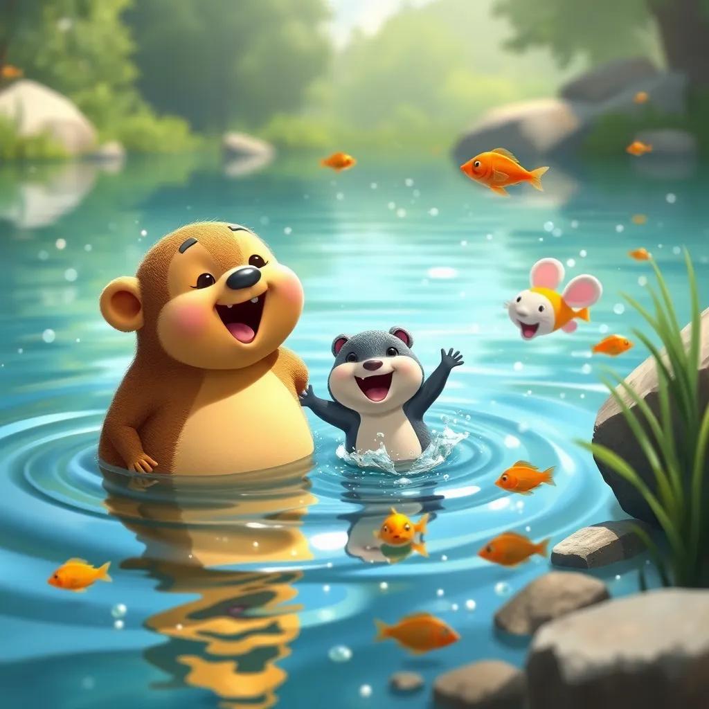Mole and Ratty discovering a sparkling lake, excitedly jumping in for a swim, tiny fish swimming around, filled with laughter and splashes, colorful, joyful scene, child-friendly