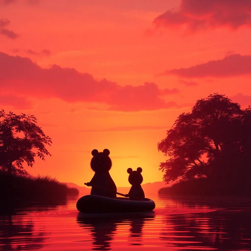 The sunset sky painted in pink and orange over the river as Mole and Ratty paddle back, the silhouettes of the trees, warm and inviting light, heartwarming and peaceful, high quality