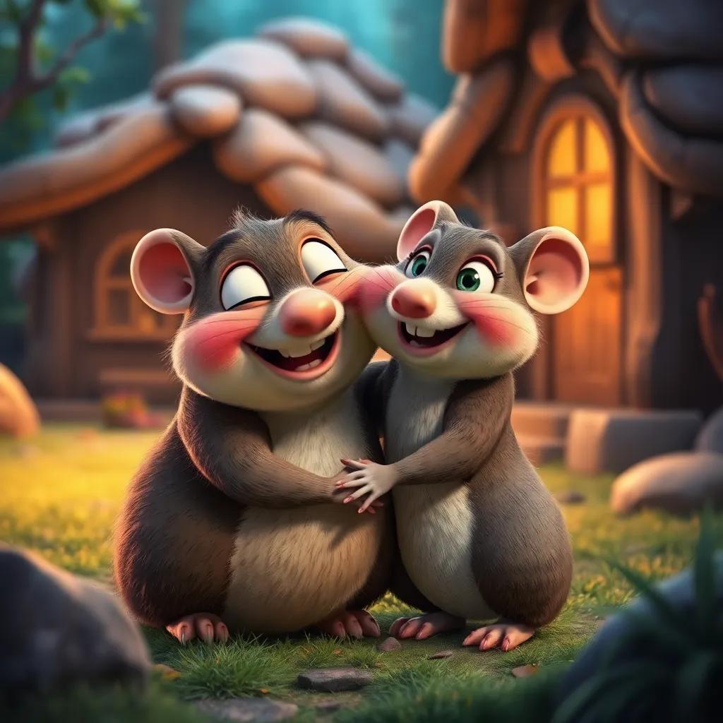 Mole and Ratty hugging warmly at the end of the adventure, with happy expressions, their home in the background, cozy and inviting atmosphere, dreamy, colorful, uplifting, high quality