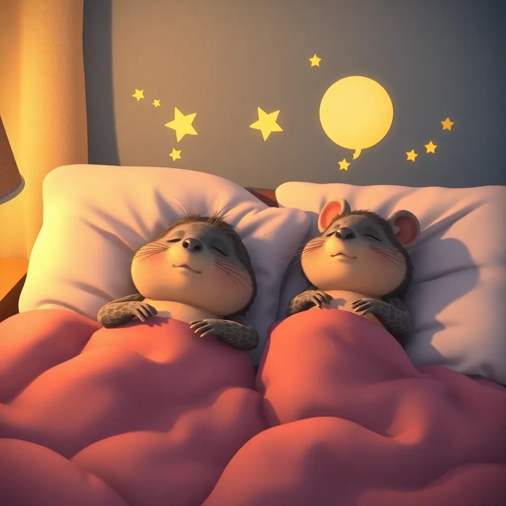 Mole and Ratty dreaming peacefully in their beds, with thoughts of their adventures, surrounded by soft pillows and sheets, a warm and comforting scene, digital art, warm colors, heartwarming
