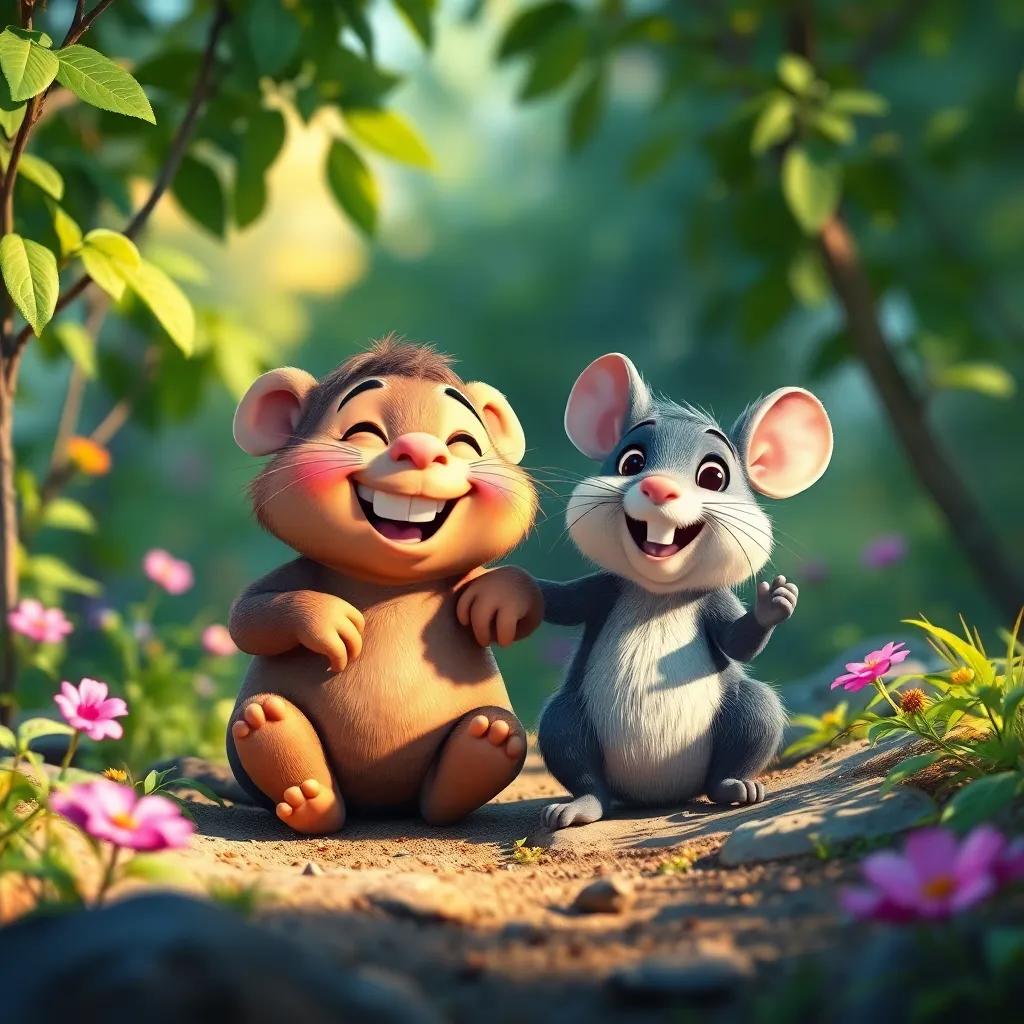 A beautiful scene of Mole and Ratty on another adventure in the future, experiencing the joy of friendship among nature, filled with colors and happy expressions, uplifting, vivid and bright, high quality