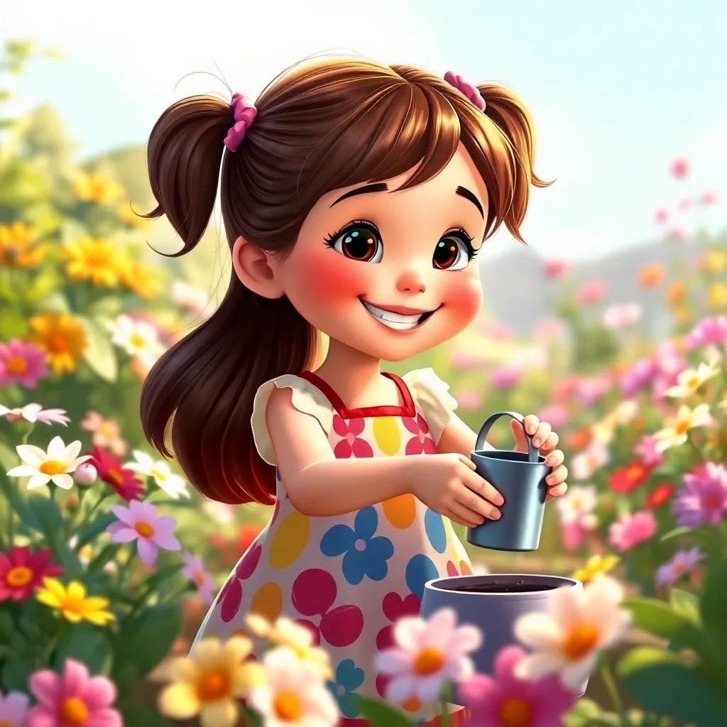 A cheerful girl, Lila, with brown hair in pigtails, wearing a colorful dress and watering a small pot in her sunny garden, surrounded by flowers, digital art, vibrant colors, joyful atmosphere, high quality