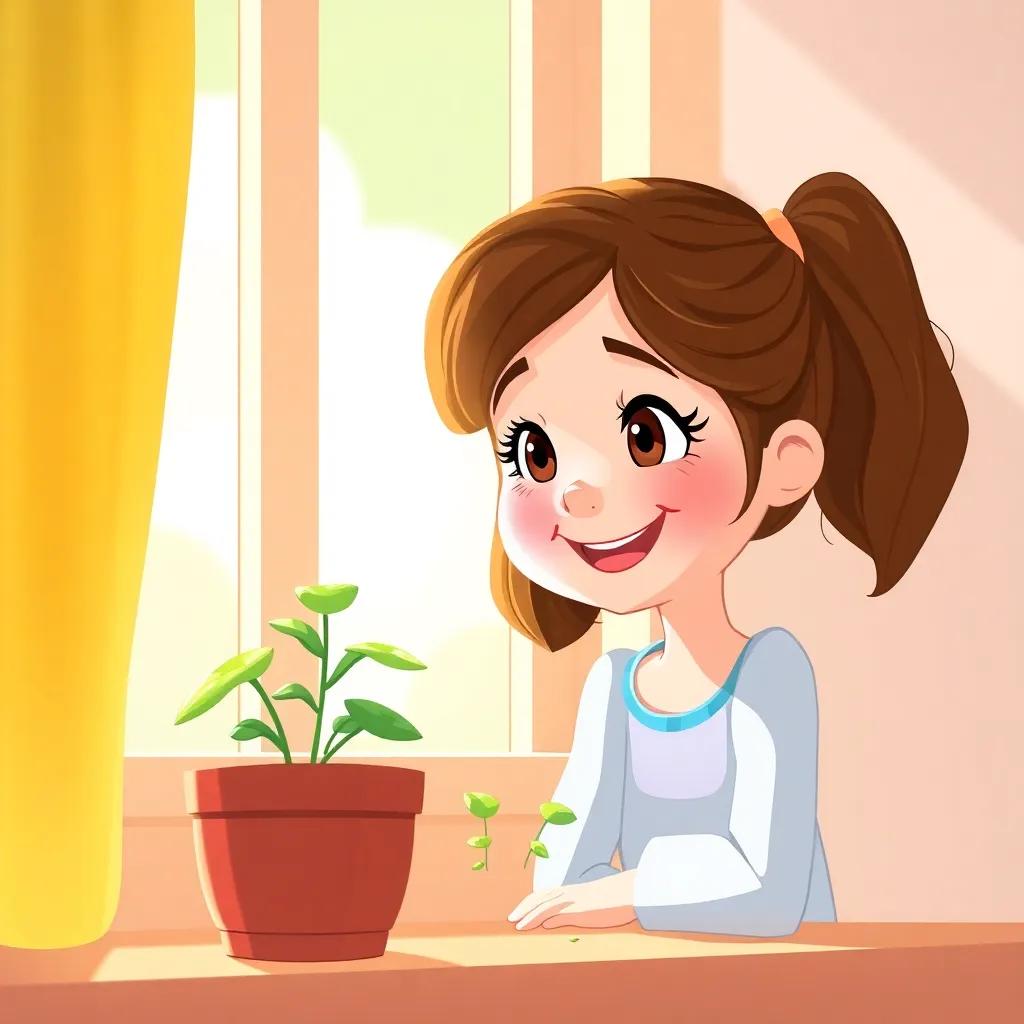 Lila, a cheerful girl with brown hair in pigtails, watching her tiny green plant, Molly, growing in a sunny window, with sunlight streaming in and a happy expression, illustration, bright and uplifting, whimsical